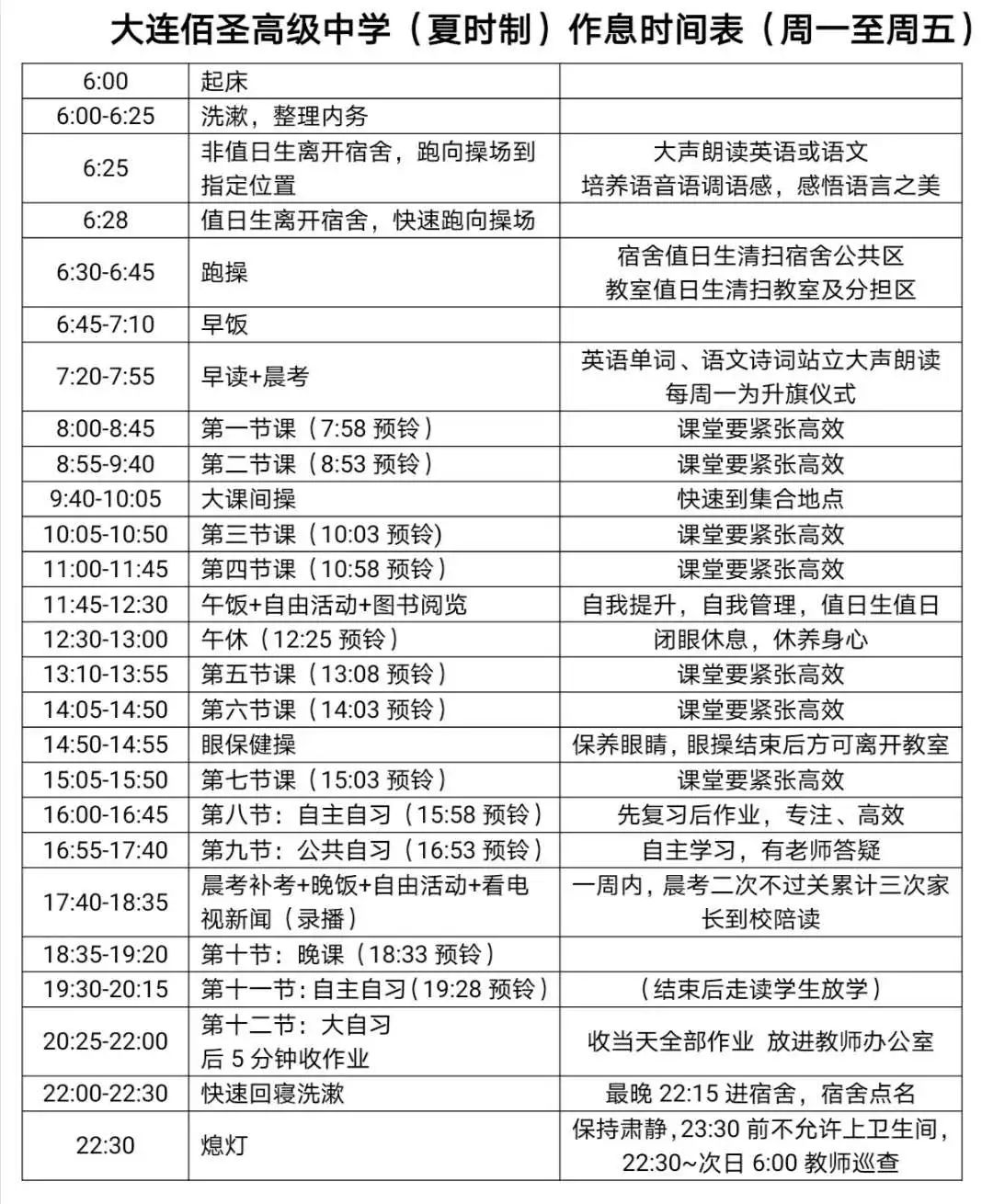 注：周六16:00放学，住校生周日晚返校。